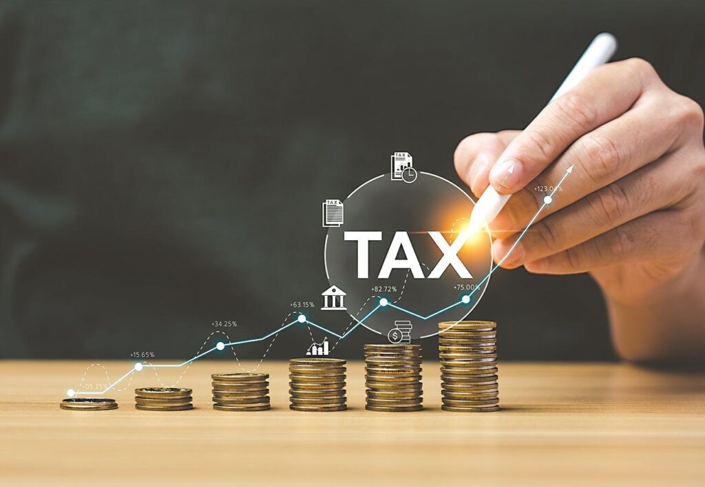 Hand holding a stylus above stacked coins, illustrating tax concepts with graphs and icons, emphasizing financial growth and IRS assistance.