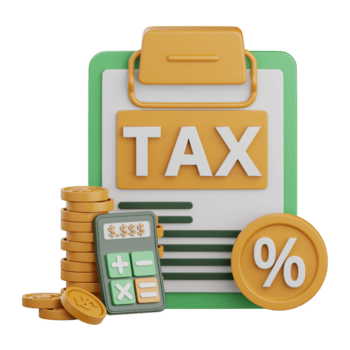 3D rendering of a tax document with the word "TAX," a calculator, stacks of coins, and a percentage symbol, representing tax preparation and financial services related to Liberty Financial Solutions.
