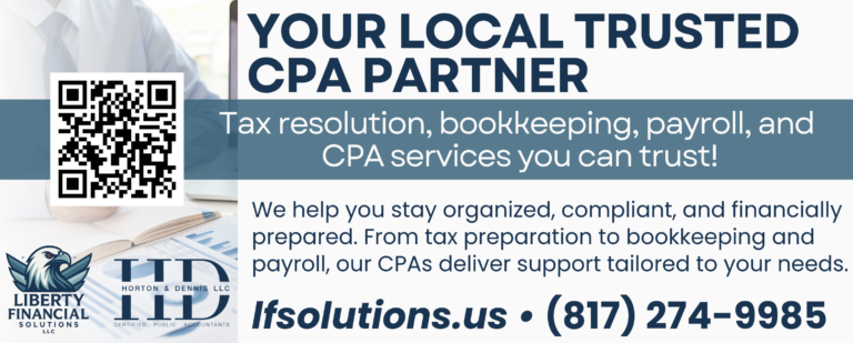Local CPA partner services offering tax resolution, bookkeeping, payroll, and CPA support, featuring Liberty Financial Solutions and Horton & Dennis logos, with a QR code for easy access.