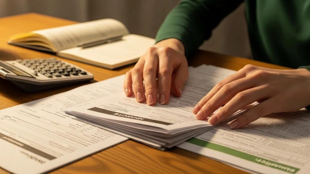 Close-up of hands organizing financial documents and a calculator, representing strategic preparation for negotiating IRS debt
