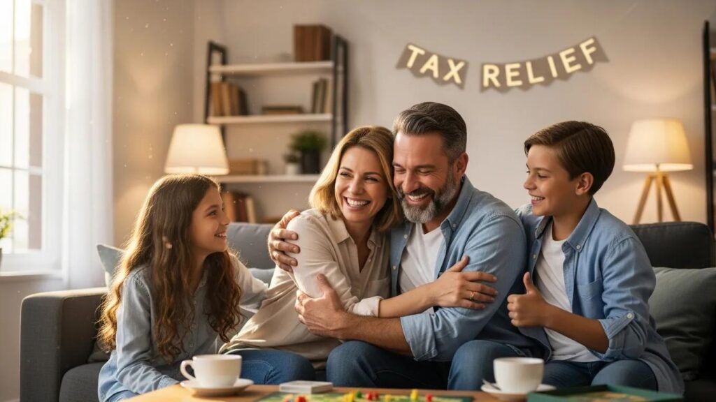 Family celebrating in a cozy living room, symbolizing relief and joy from settling tax debt through an Offer in Compromise