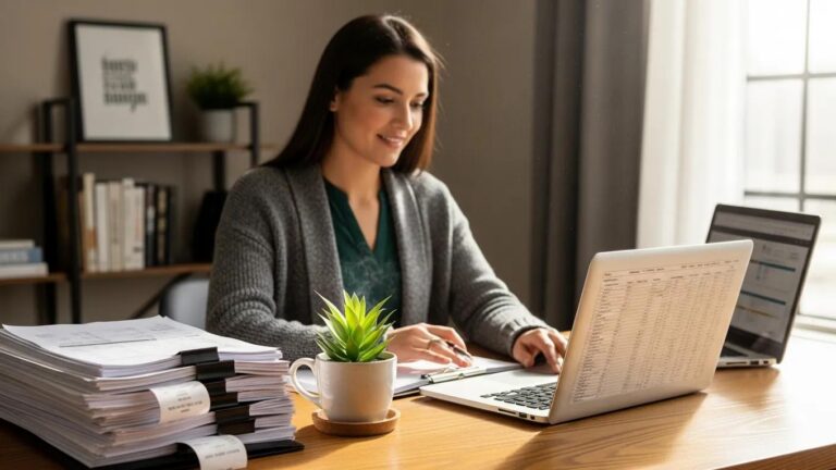 Warm, cozy workspace of a small business owner surrounded by organized financial records and a laptop